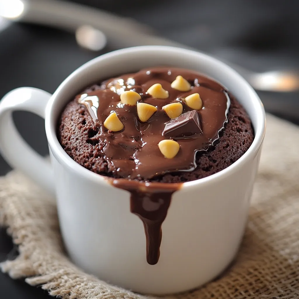 Mug cake au chocolat moelleux servi dans une tasse blanche, garni de pépites de chocolat fondu.