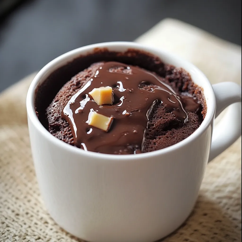 Mug cake au chocolat moelleux servi dans une tasse blanche, garni de pépites de chocolat fondu.