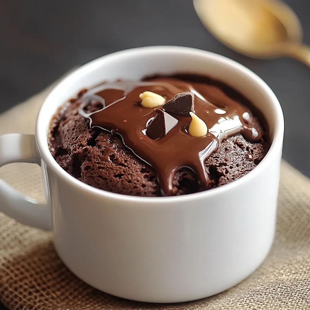 Mug cake au chocolat moelleux servi dans une tasse blanche, garni de pépites de chocolat fondu.