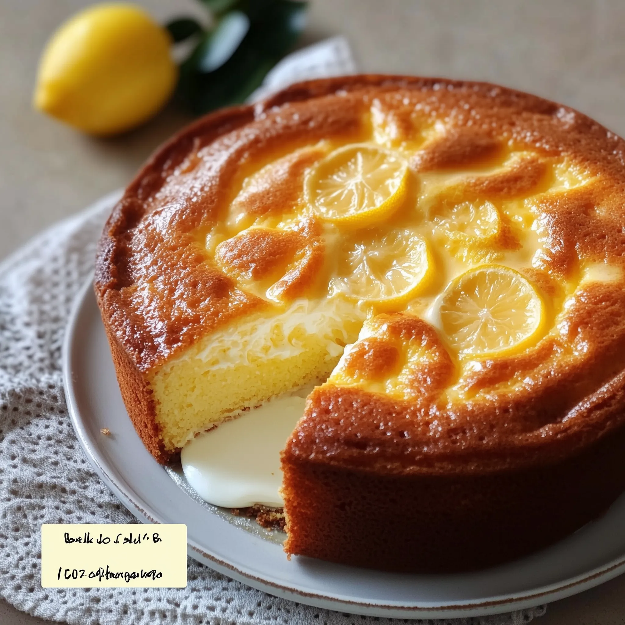 Gâteau au yaourt et au citron doré et moelleux, tranché et servi sur une assiette, avec un glaçage au citron brillant et un zeste finement râpé.