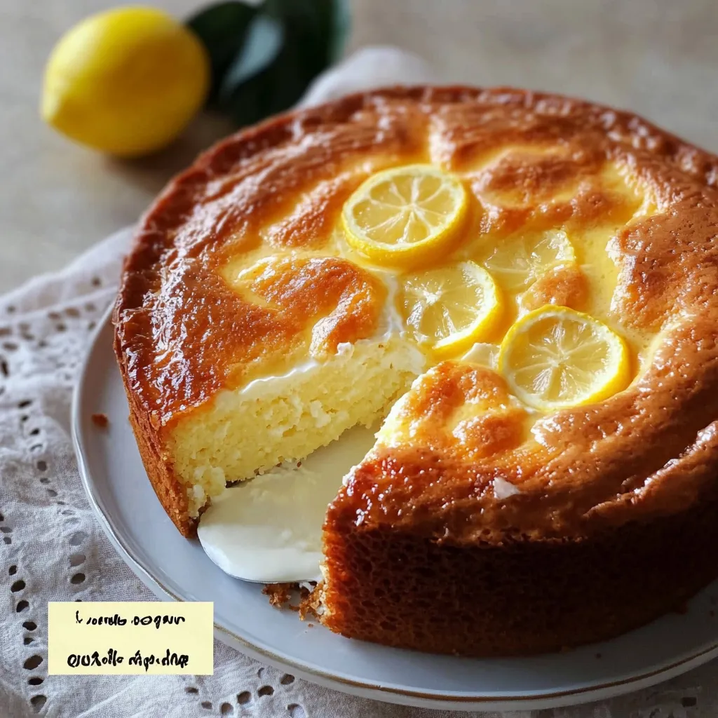 Gâteau au yaourt et au citron doré et moelleux, tranché et servi sur une assiette, avec un glaçage au citron brillant et un zeste finement râpé.