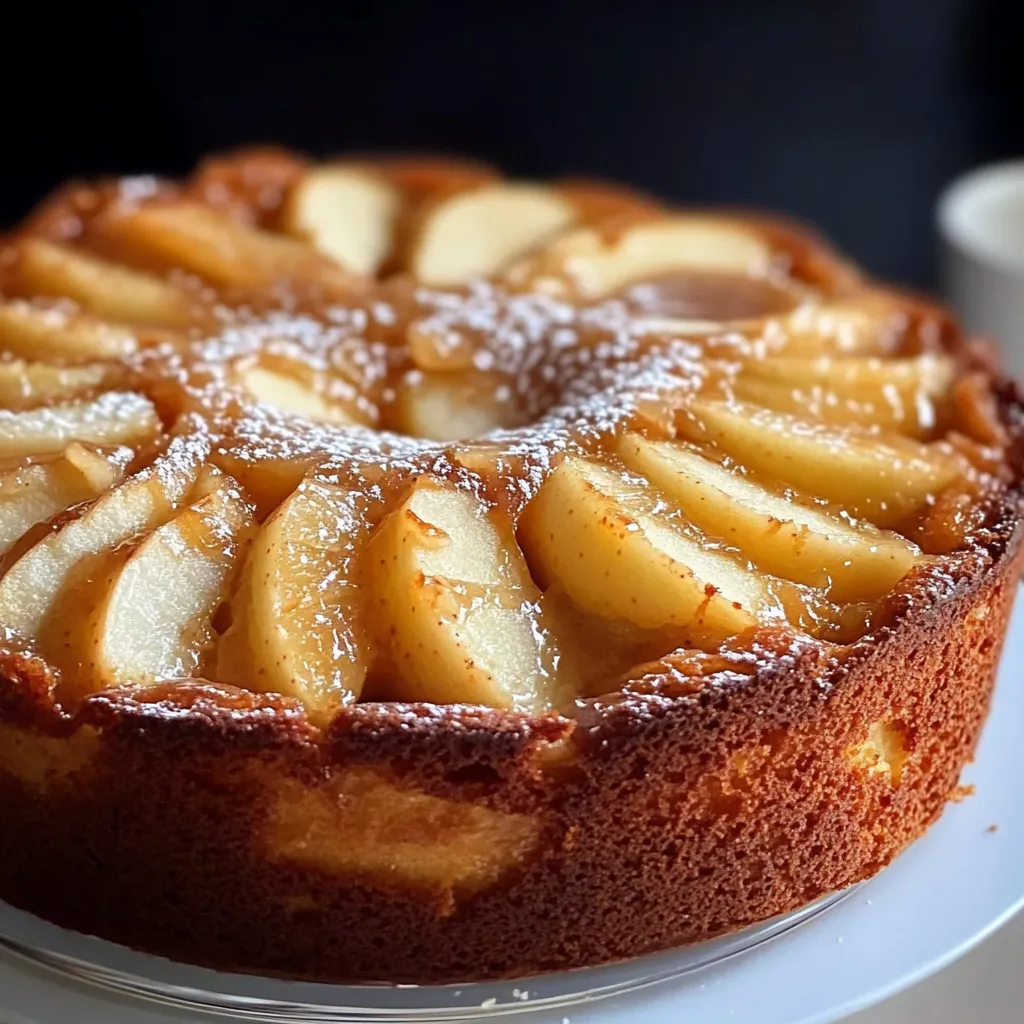 Gâteau aux pommes moelleux et doré, servi sur une assiette avec une touche de sucre glace, idéal pour un goûter gourmand.