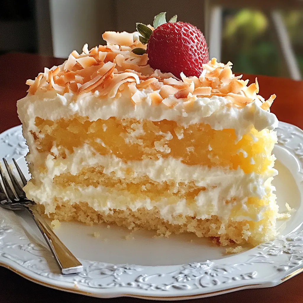 Gâteau moelleux à l’ananas et noix de coco, doré et caramélisé, servi sur une assiette avec une part découpée.