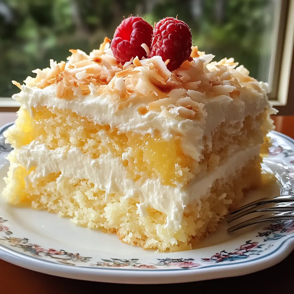 Gâteau moelleux à l’ananas et noix de coco, doré et caramélisé, servi sur une assiette avec une part découpée.