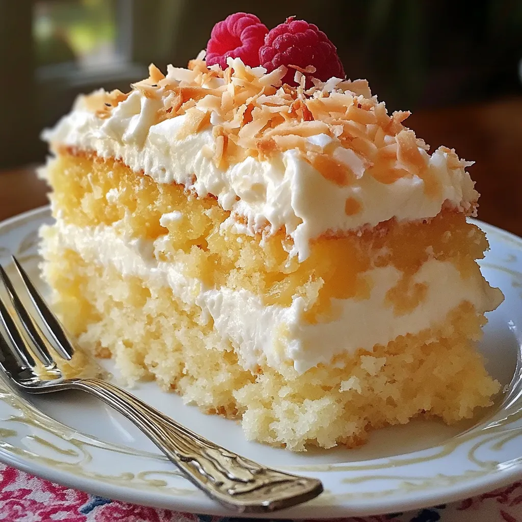 Gâteau moelleux à l’ananas et noix de coco, doré et caramélisé, servi sur une assiette avec une part découpée.
