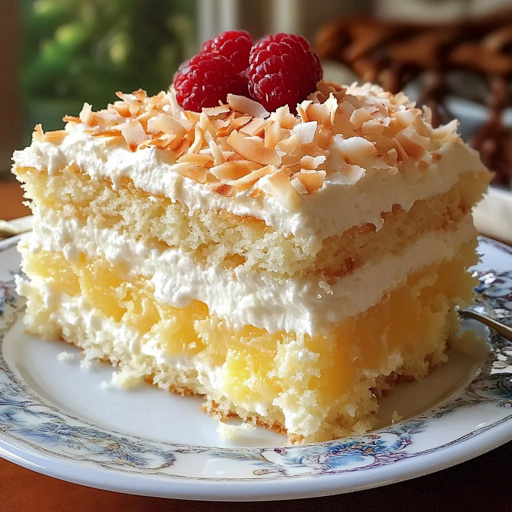 Gâteau moelleux à l’ananas et noix de coco, doré et caramélisé, servi sur une assiette avec une part découpée.