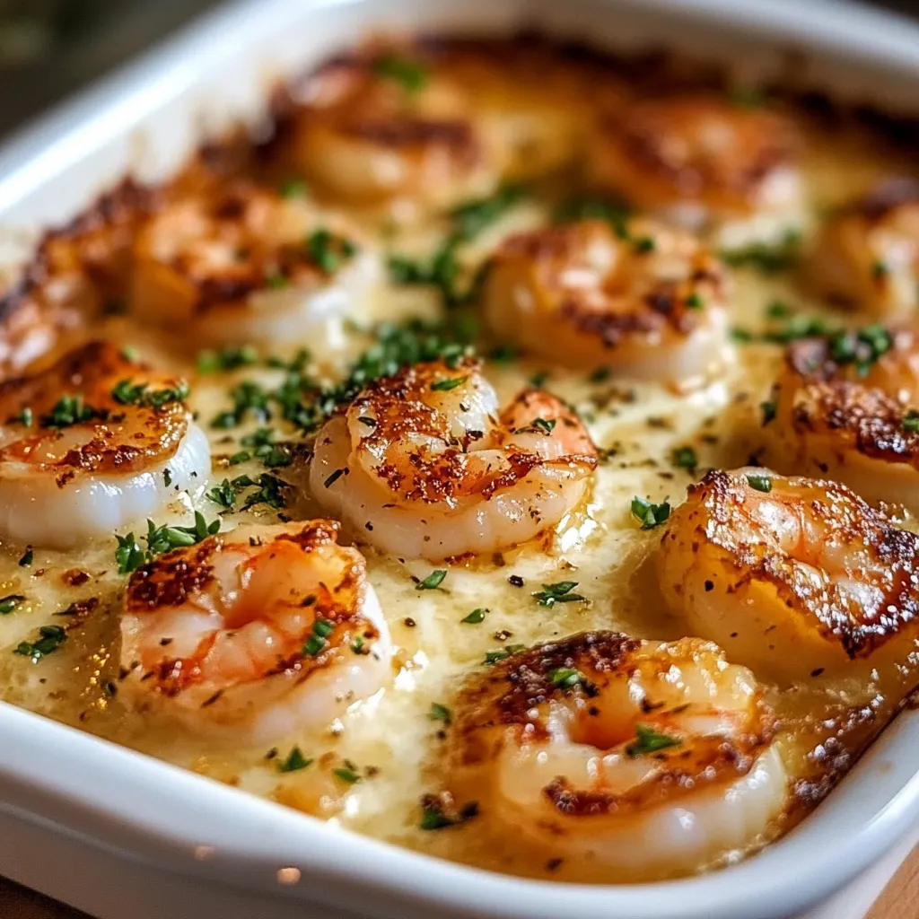 Gratin de noix de Saint-Jacques et crevettes doré avec une croûte croustillante et une sauce crémeuse, servi dans un plat à gratin.