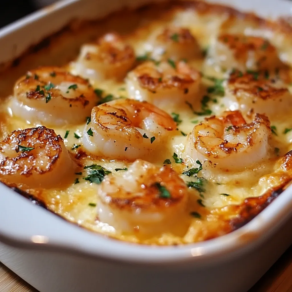 Gratin de noix de Saint-Jacques et crevettes doré avec une croûte croustillante et une sauce crémeuse, servi dans un plat à gratin.