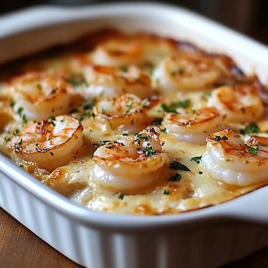 Gratin de noix de Saint-Jacques et crevettes doré avec une croûte croustillante et une sauce crémeuse, servi dans un plat à gratin.