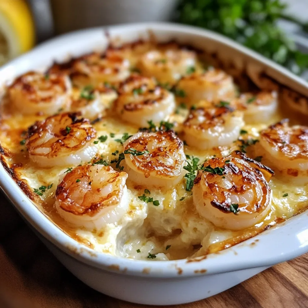 Gratin de noix de Saint-Jacques et crevettes doré avec une croûte croustillante et une sauce crémeuse, servi dans un plat à gratin.
