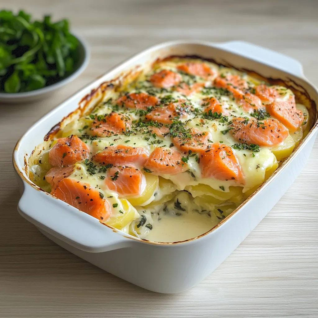 Gratin doré de pommes de terre et saumon avec une couche de fromage gratiné, servi dans un plat à gratin en céramique.