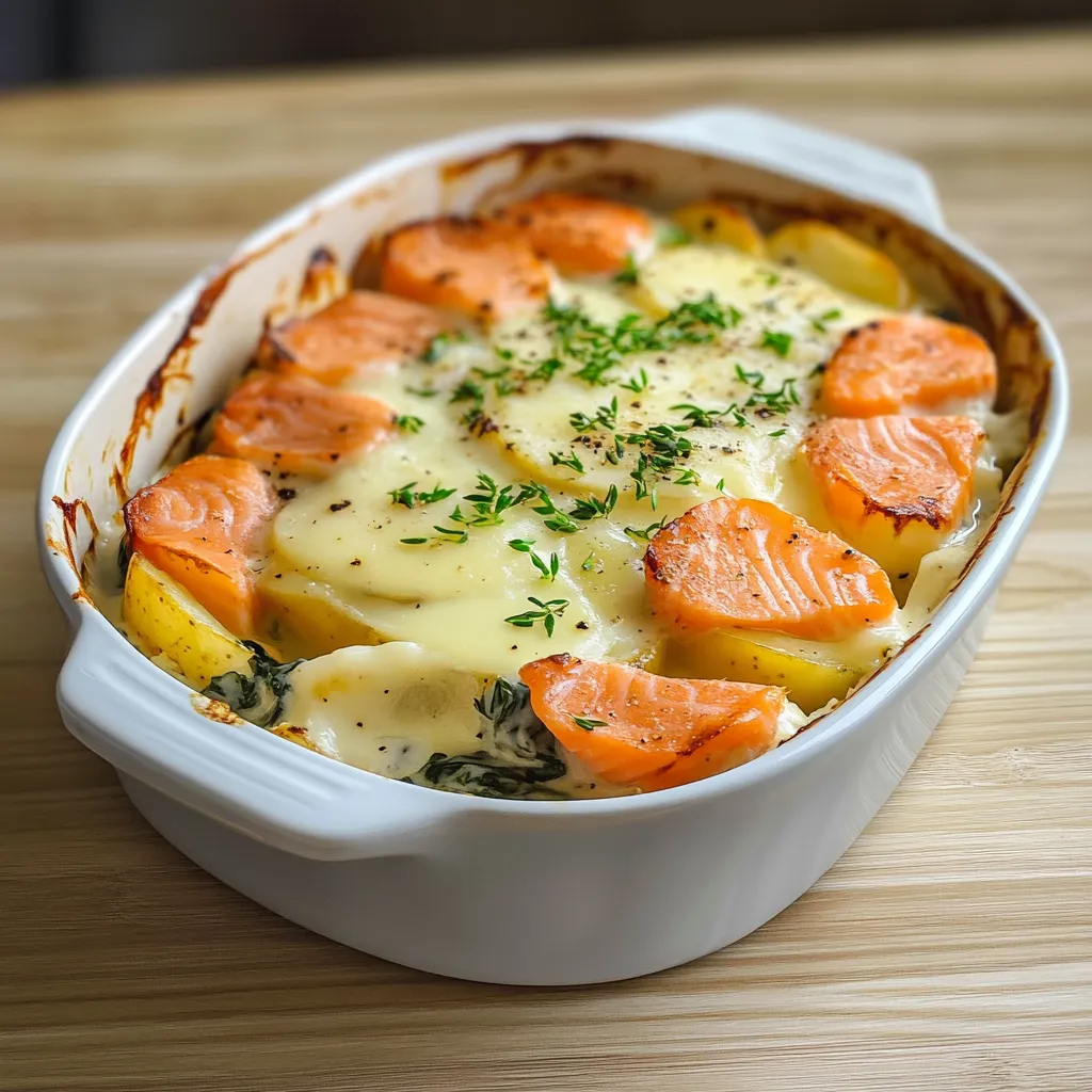 Gratin doré de pommes de terre et saumon avec une couche de fromage gratiné, servi dans un plat à gratin en céramique.