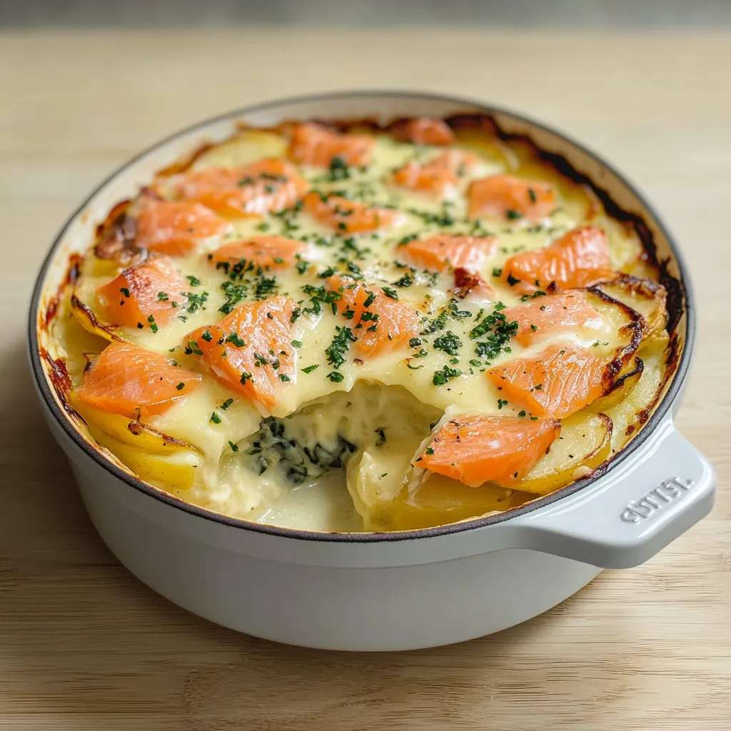 Gratin doré de pommes de terre et saumon avec une couche de fromage gratiné, servi dans un plat à gratin en céramique.