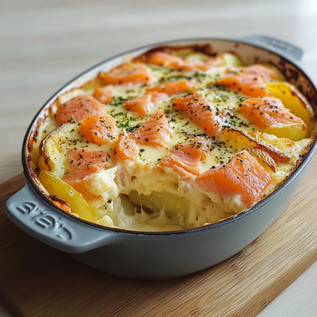 Gratin doré de pommes de terre et saumon avec une couche de fromage gratiné, servi dans un plat à gratin en céramique.