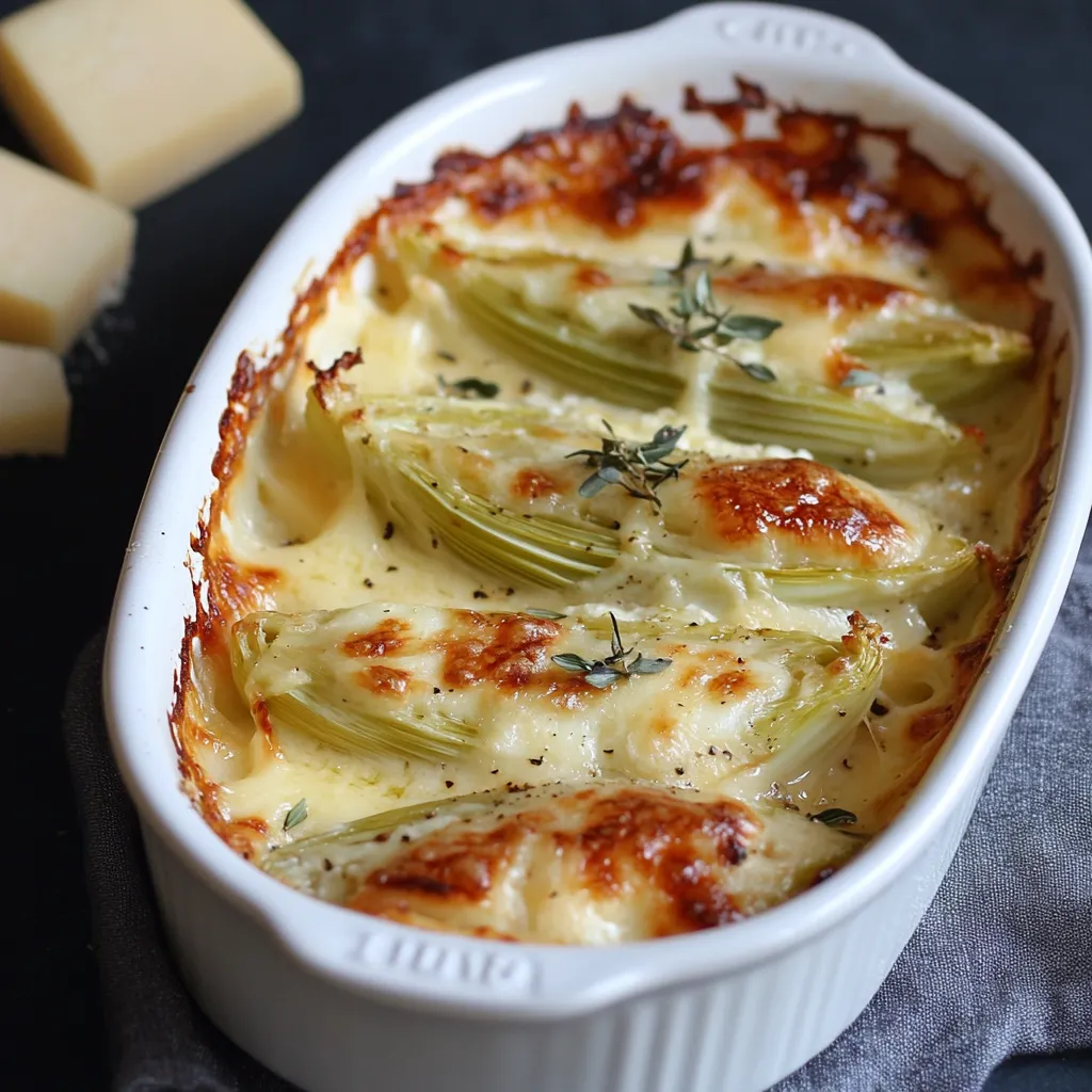 Gratin d’endives au Roquefort doré au four, servi chaud dans un plat en céramique.