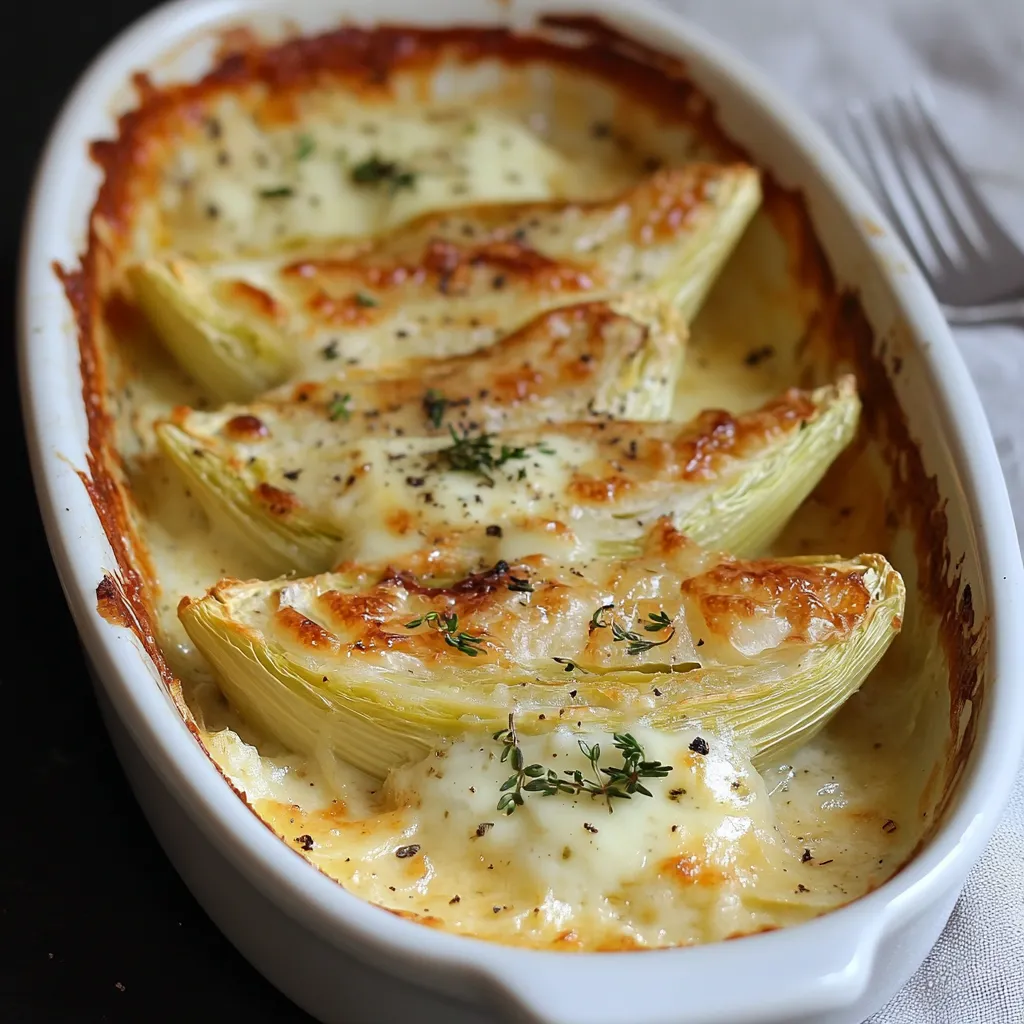 Gratin d’endives au Roquefort doré au four, servi chaud dans un plat en céramique.