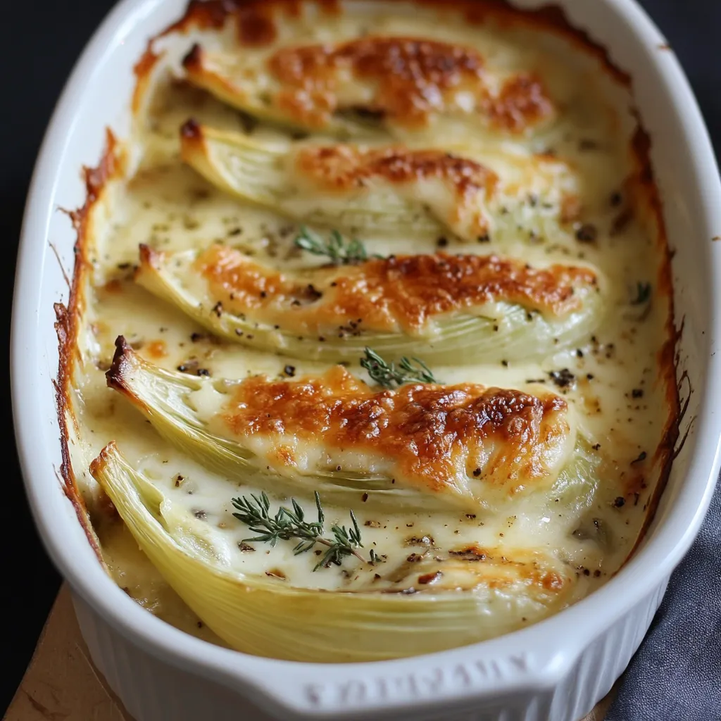 Gratin d’endives au Roquefort doré au four, servi chaud dans un plat en céramique.
