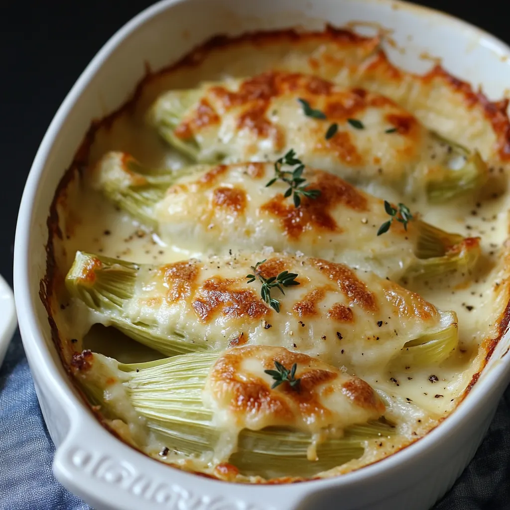 Gratin d’endives au Roquefort doré au four, servi chaud dans un plat en céramique.