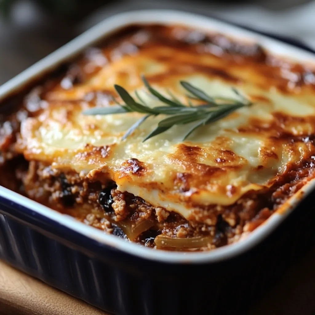 Plat de moussaka maison avec des couches d’aubergines, viande hachée et béchamel gratinée
