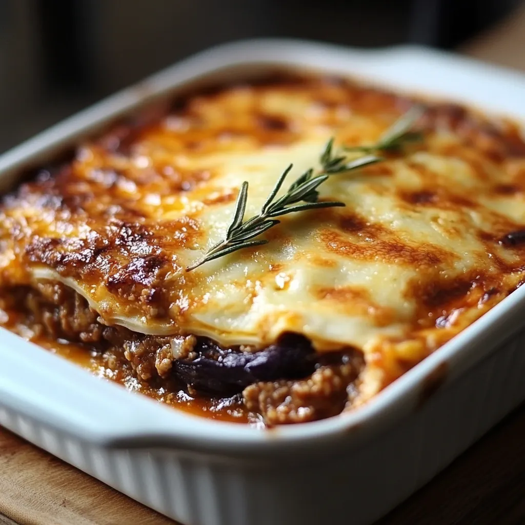 Plat de moussaka maison avec des couches d’aubergines, viande hachée et béchamel gratinée