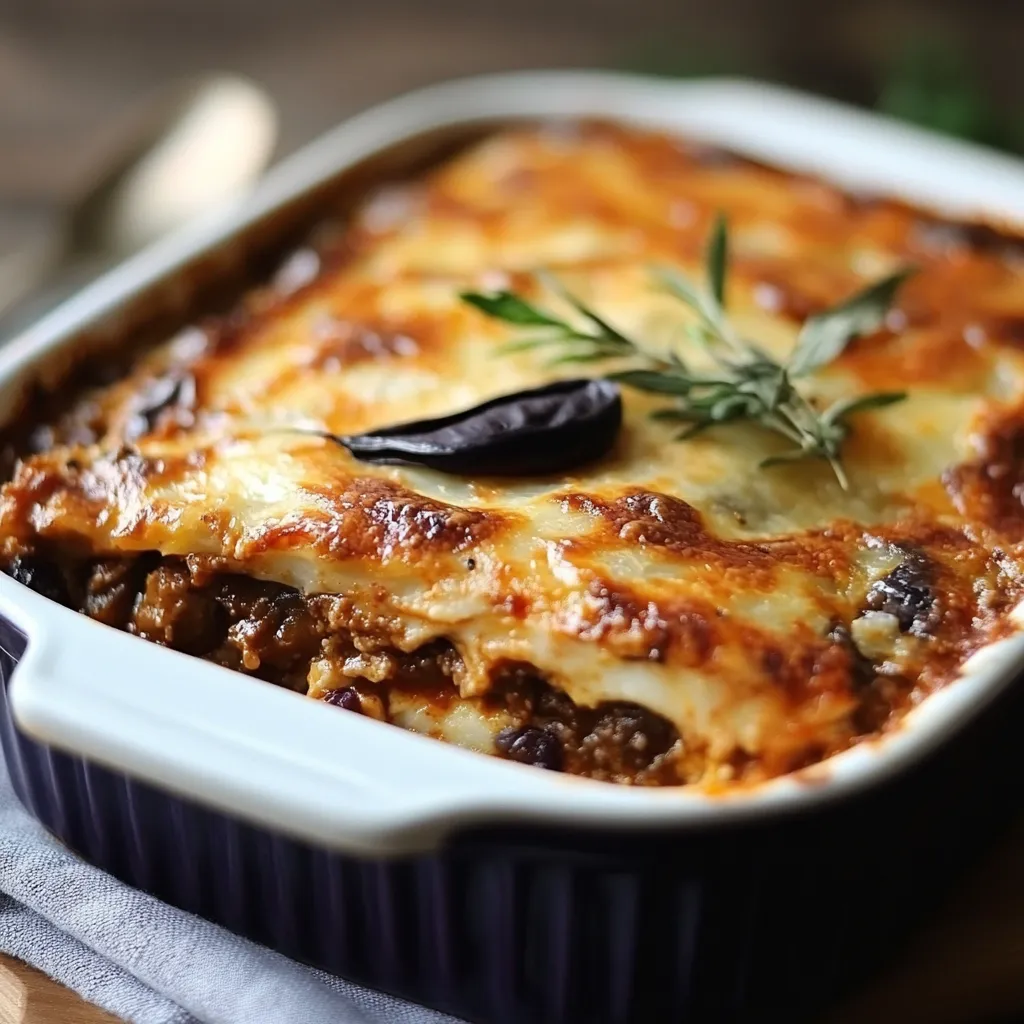 Plat de moussaka maison avec des couches d’aubergines, viande hachée et béchamel gratinée