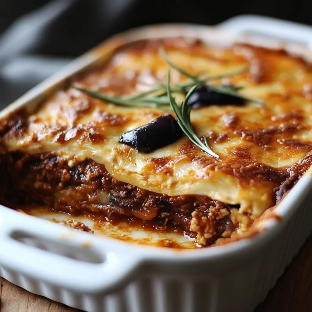 Plat de moussaka maison avec des couches d’aubergines, viande hachée et béchamel gratinée