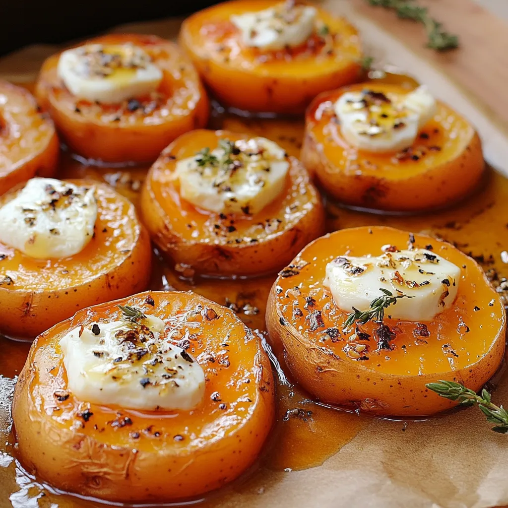 Patates douces rôties dorées, garnies de fromage de chèvre fondant, arrosées de miel et saupoudrées de noix concassées sur une plaque de cuisson.