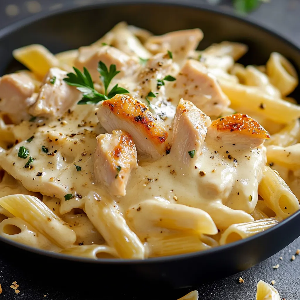 Plat de pâtes crémeuses au poulet avec une sauce onctueuse au Boursin, servi dans une assiette avec du persil frais.