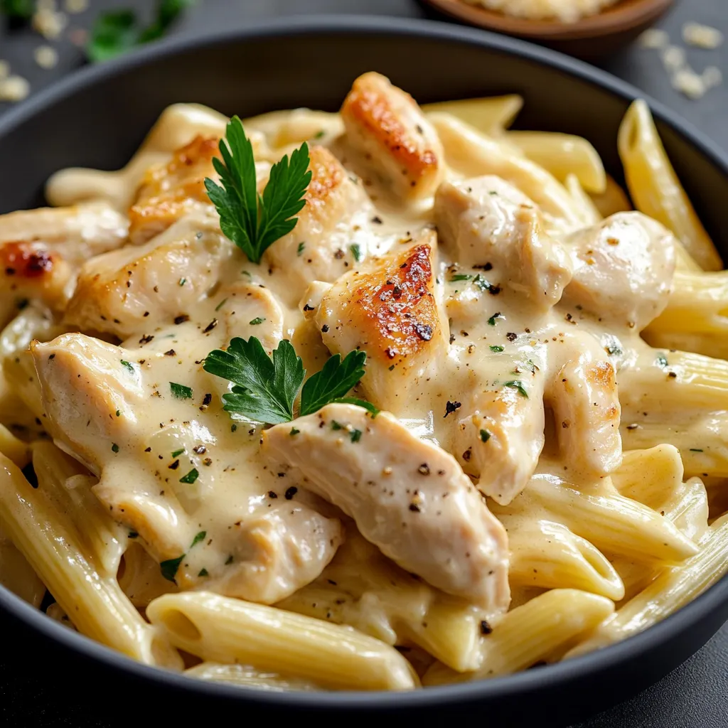 Plat de pâtes crémeuses au poulet avec une sauce onctueuse au Boursin, servi dans une assiette avec du persil frais.
