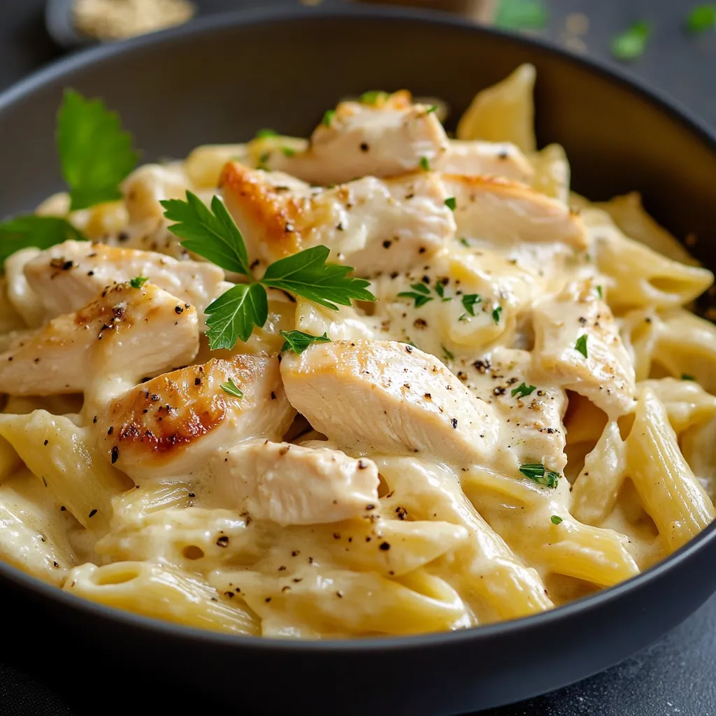 Plat de pâtes crémeuses au poulet avec une sauce onctueuse au Boursin, servi dans une assiette avec du persil frais.