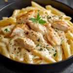 Plat de pâtes crémeuses au poulet avec une sauce onctueuse au Boursin, servi dans une assiette avec du persil frais.