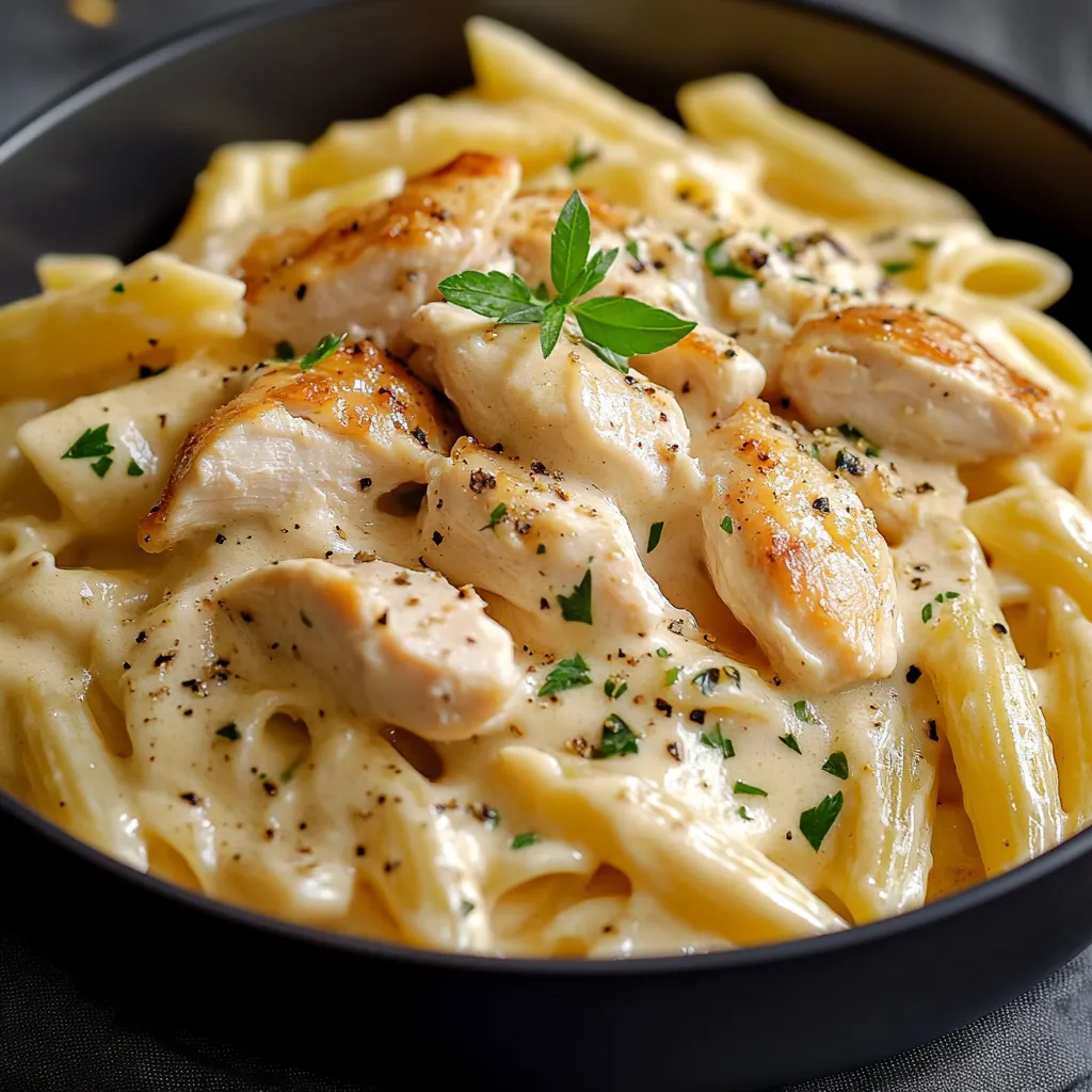 Plat de pâtes crémeuses au poulet avec une sauce onctueuse au Boursin, servi dans une assiette avec du persil frais.