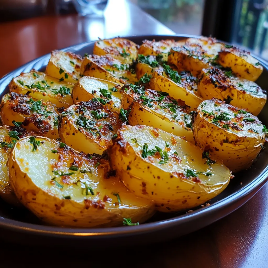 Pommes de terre rôties dorées et croustillantes à l’ail et au beurre, servies sur une assiette blanche.