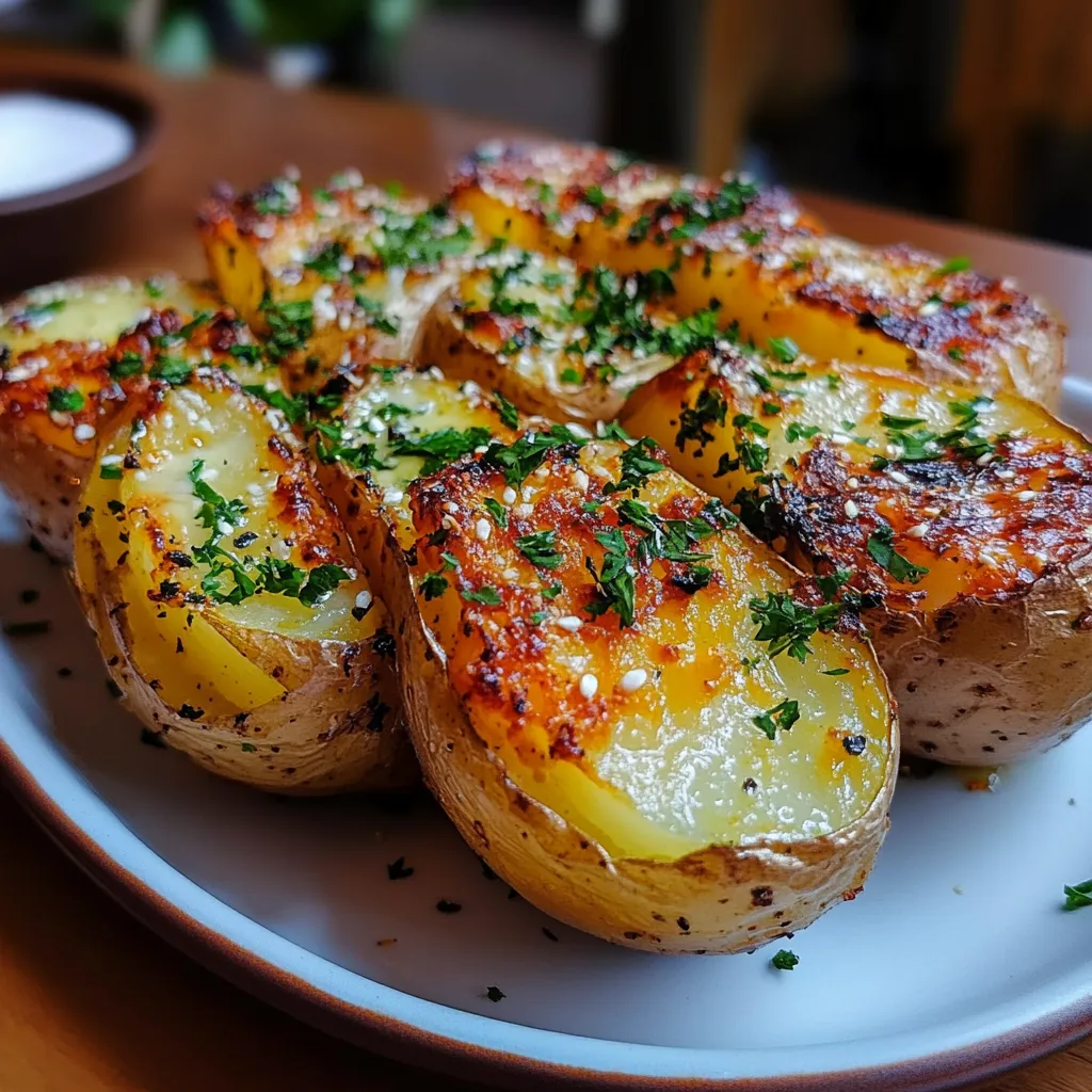 Pommes de terre rôties dorées et croustillantes à l’ail et au beurre, servies sur une assiette blanche.