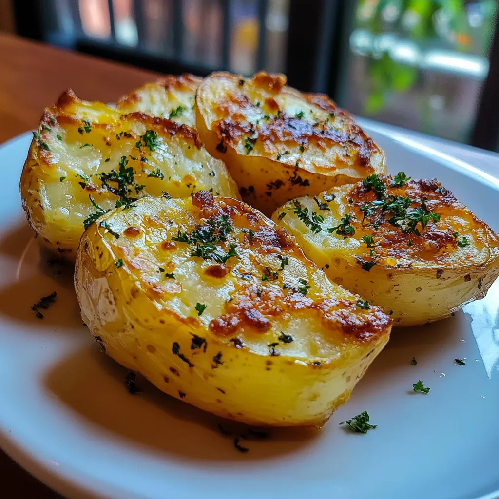 Pommes de terre rôties dorées et croustillantes à l’ail et au beurre, servies sur une assiette blanche.