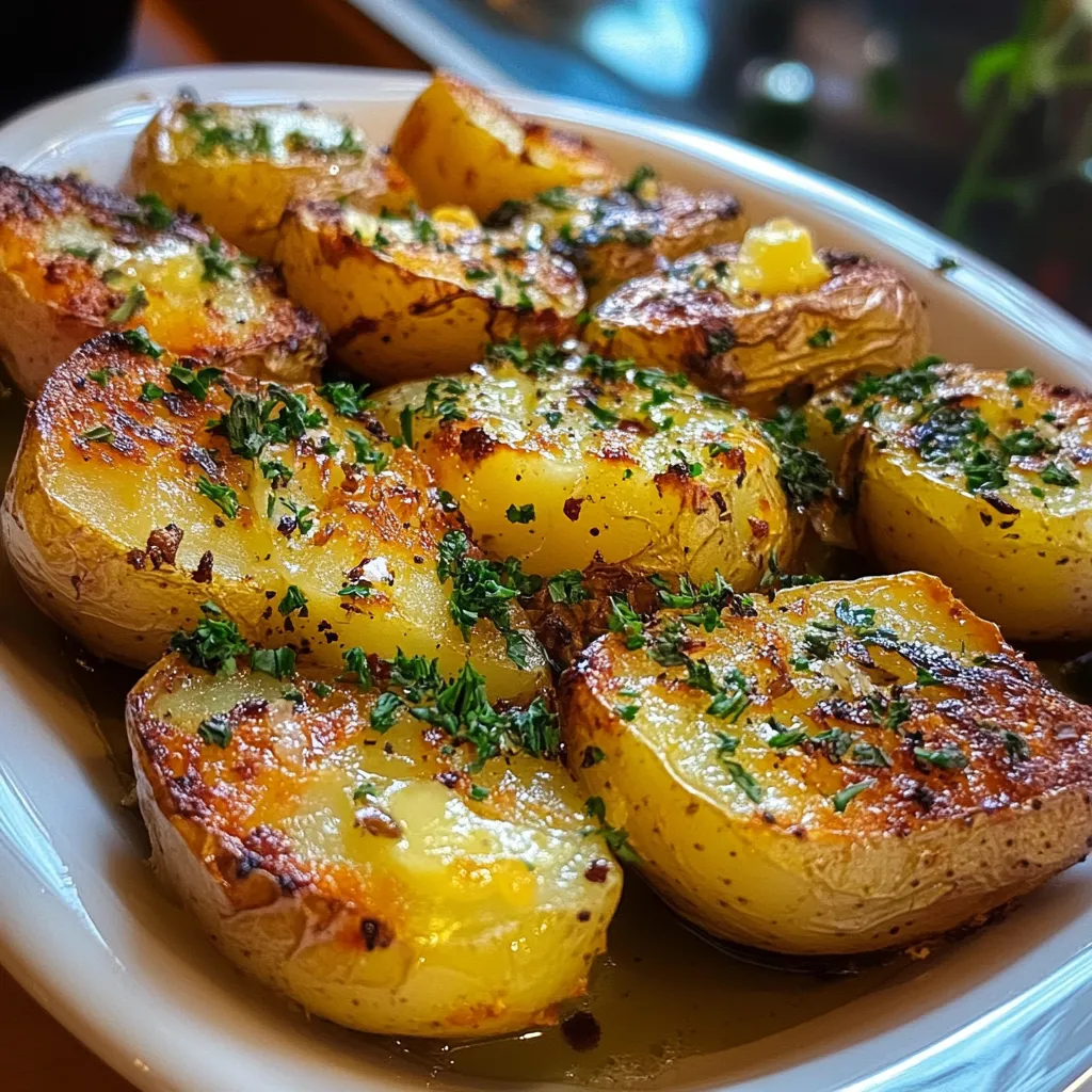 Pommes de terre rôties dorées et croustillantes à l’ail et au beurre, servies sur une assiette blanche.