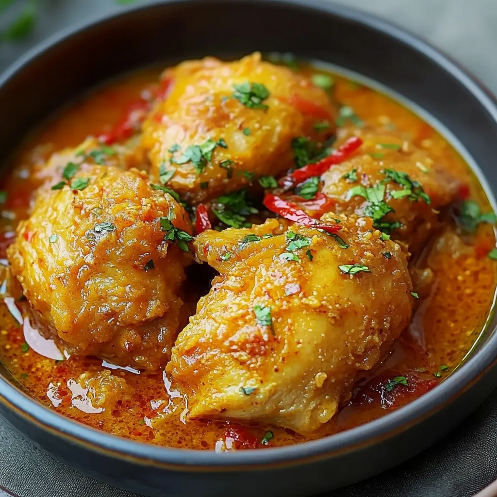 Poulet Coco Réunionnais servi avec du riz blanc, garni de coriandre fraîche dans une assiette.