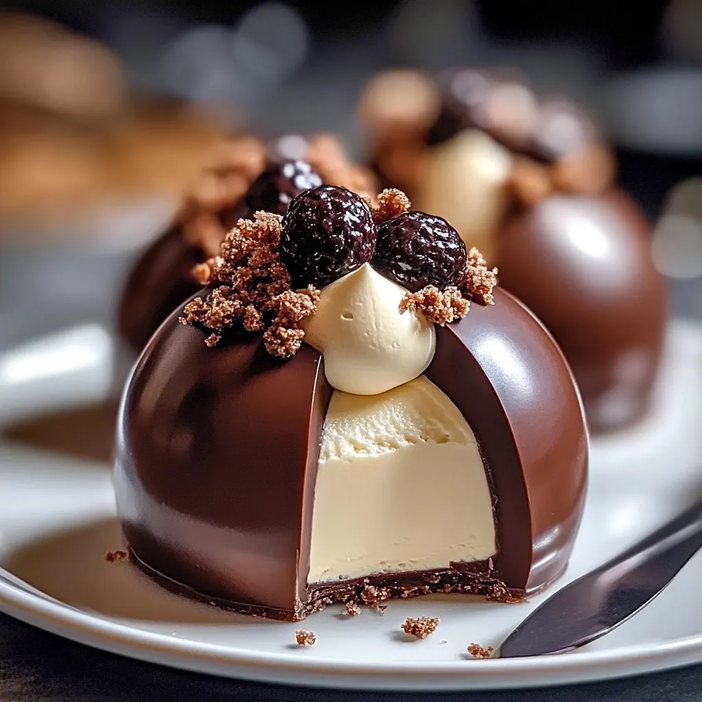 Dôme chocolat et praliné avec mousse de mascarpone : un dessert raffiné au chocolat noir croquant, garni d’une mousse onctueuse et de praliné croquant.