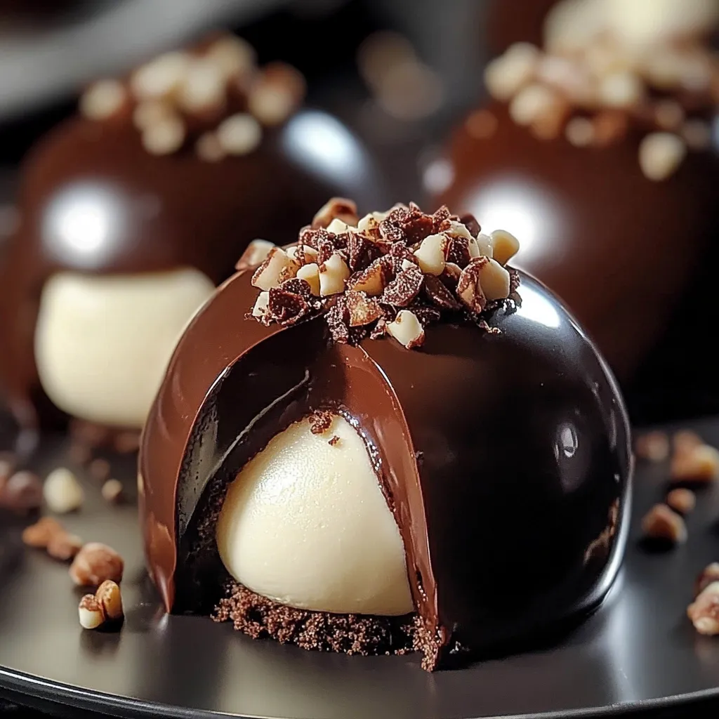 Dôme chocolat et praliné avec mousse de mascarpone : un dessert raffiné au chocolat noir croquant, garni d’une mousse onctueuse et de praliné croquant.