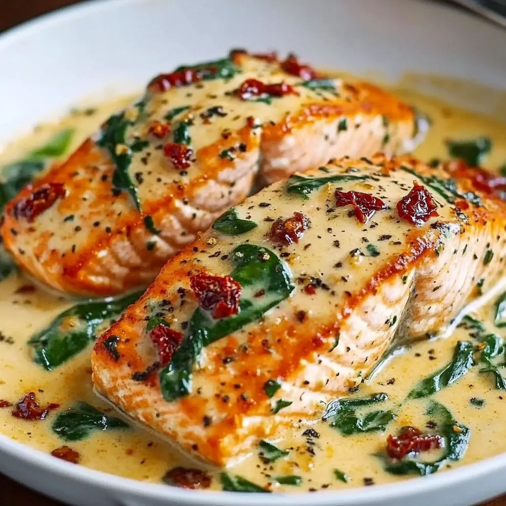 Un plat de saumon doré nappé de sauce crémeuse à l’ail, accompagné d’épinards frais et de morceaux de tomates séchées, servi chaud.