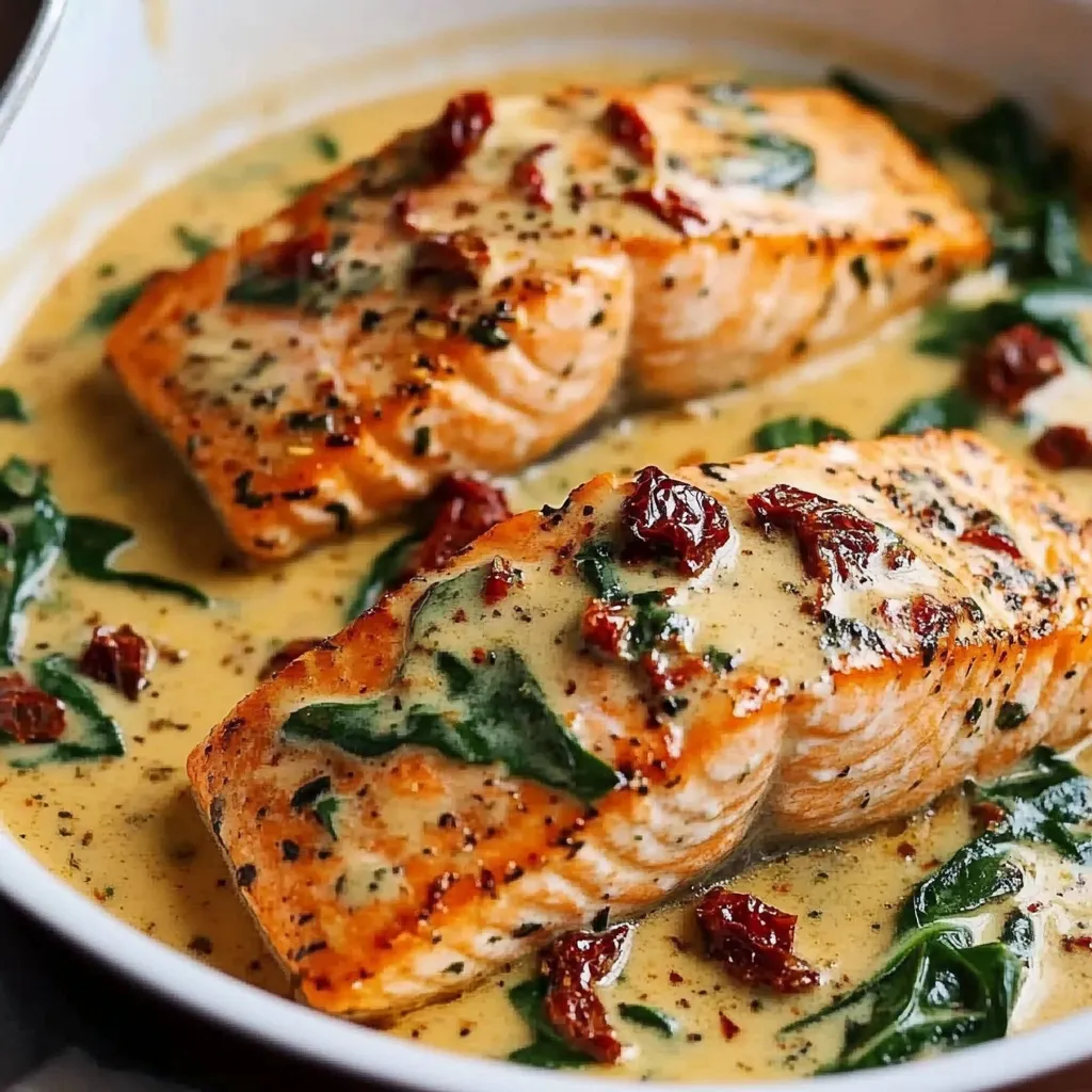 Un plat de saumon doré nappé de sauce crémeuse à l’ail, accompagné d’épinards frais et de morceaux de tomates séchées, servi chaud.