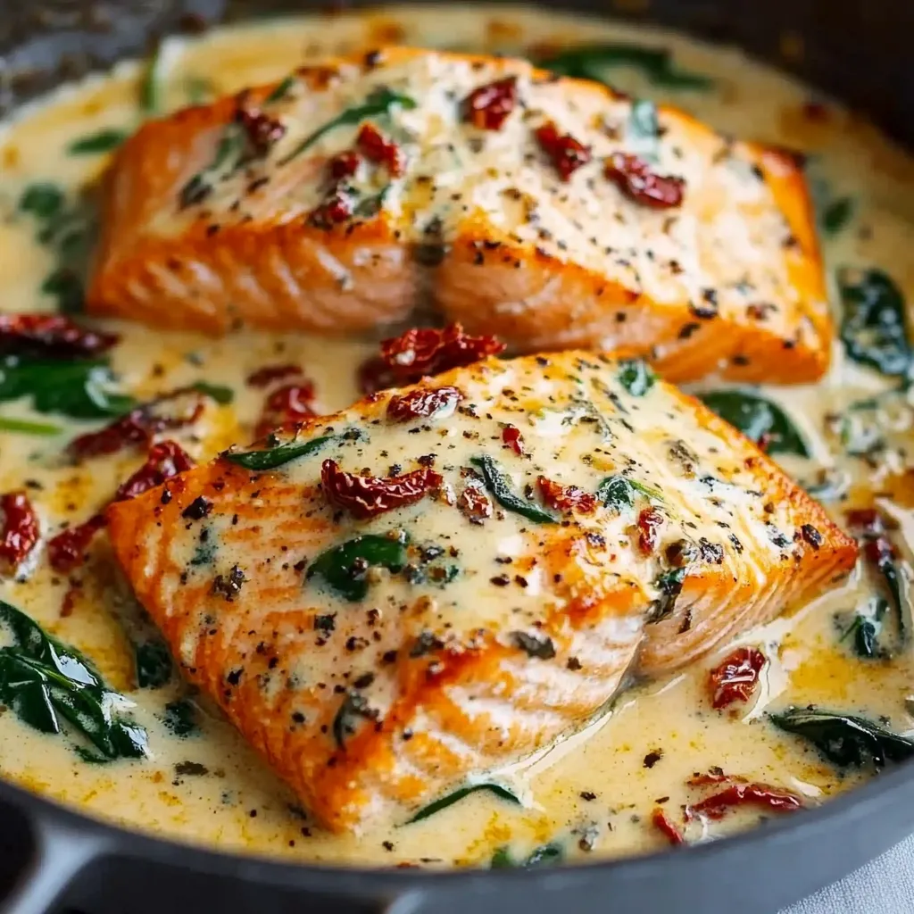 Un plat de saumon doré nappé de sauce crémeuse à l’ail, accompagné d’épinards frais et de morceaux de tomates séchées, servi chaud.