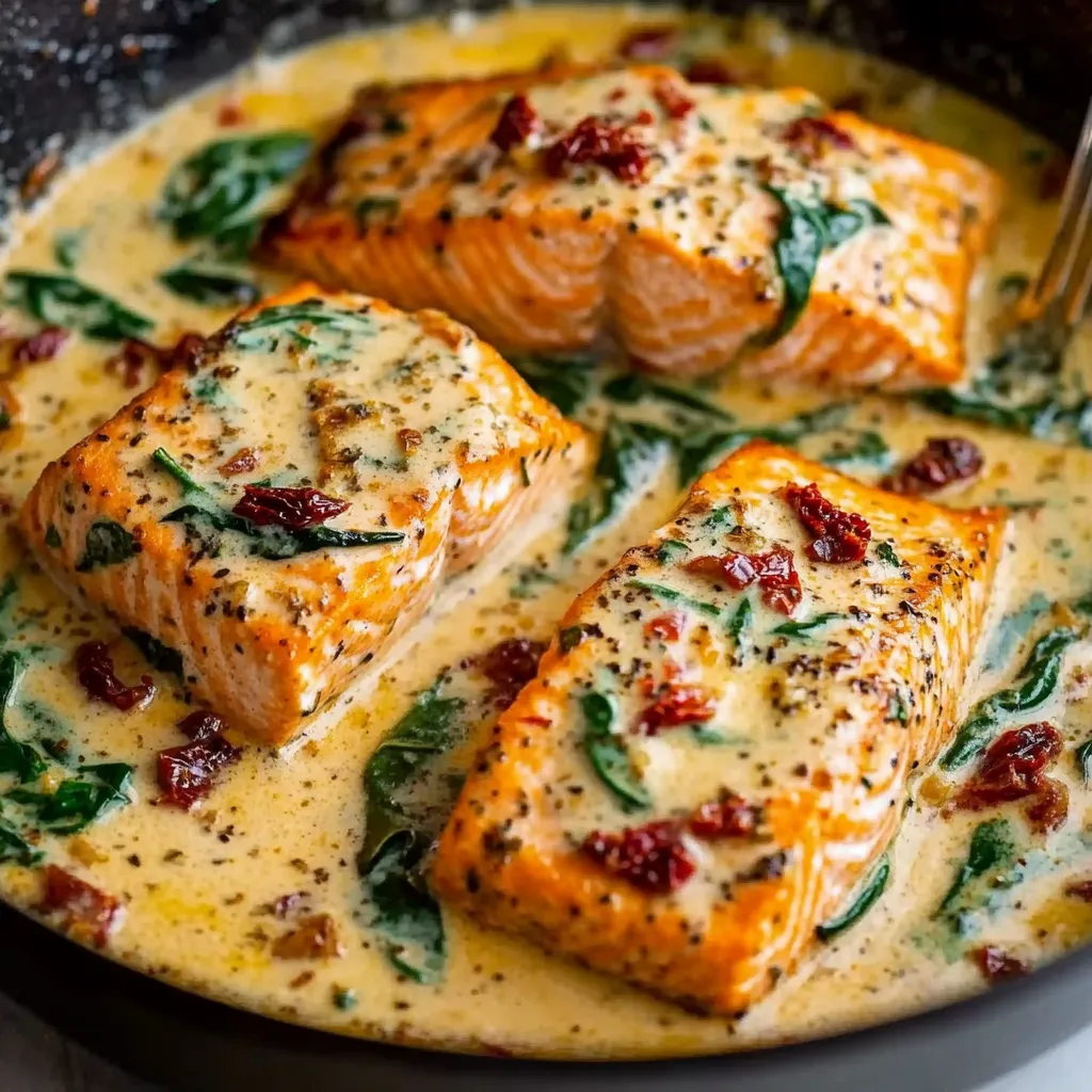 Un plat de saumon doré nappé de sauce crémeuse à l’ail, accompagné d’épinards frais et de morceaux de tomates séchées, servi chaud.