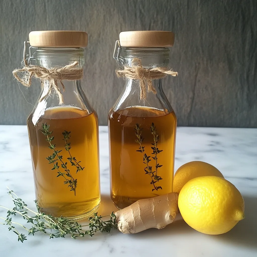 Sirop de thym maison dans une bouteille en verre, accompagné de branches de thym frais et d’un citron
