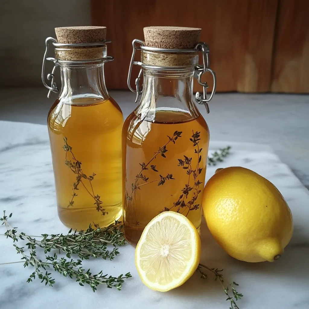 Sirop de thym maison dans une bouteille en verre, accompagné de branches de thym frais et d’un citron