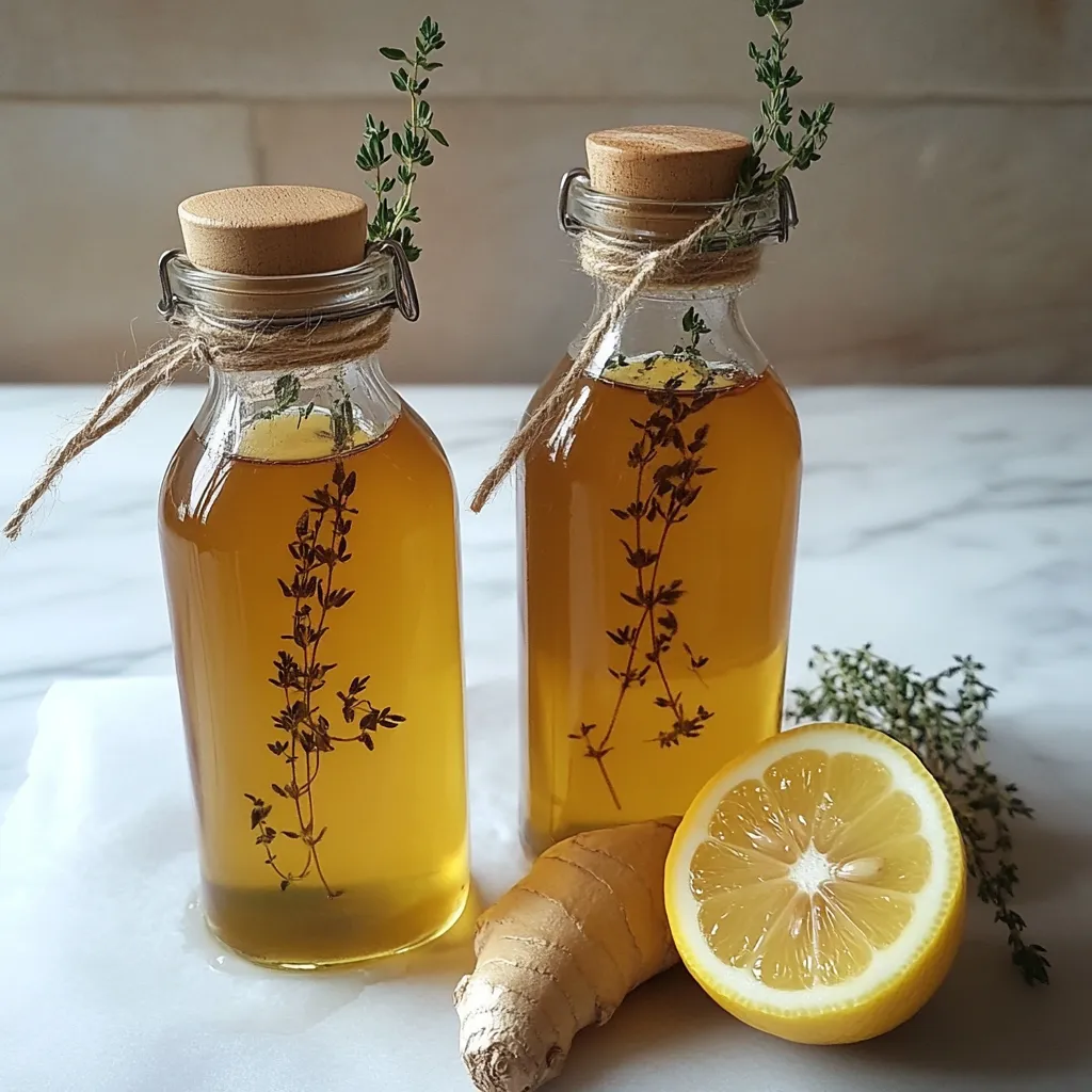 Sirop de thym maison dans une bouteille en verre, accompagné de branches de thym frais et d’un citron