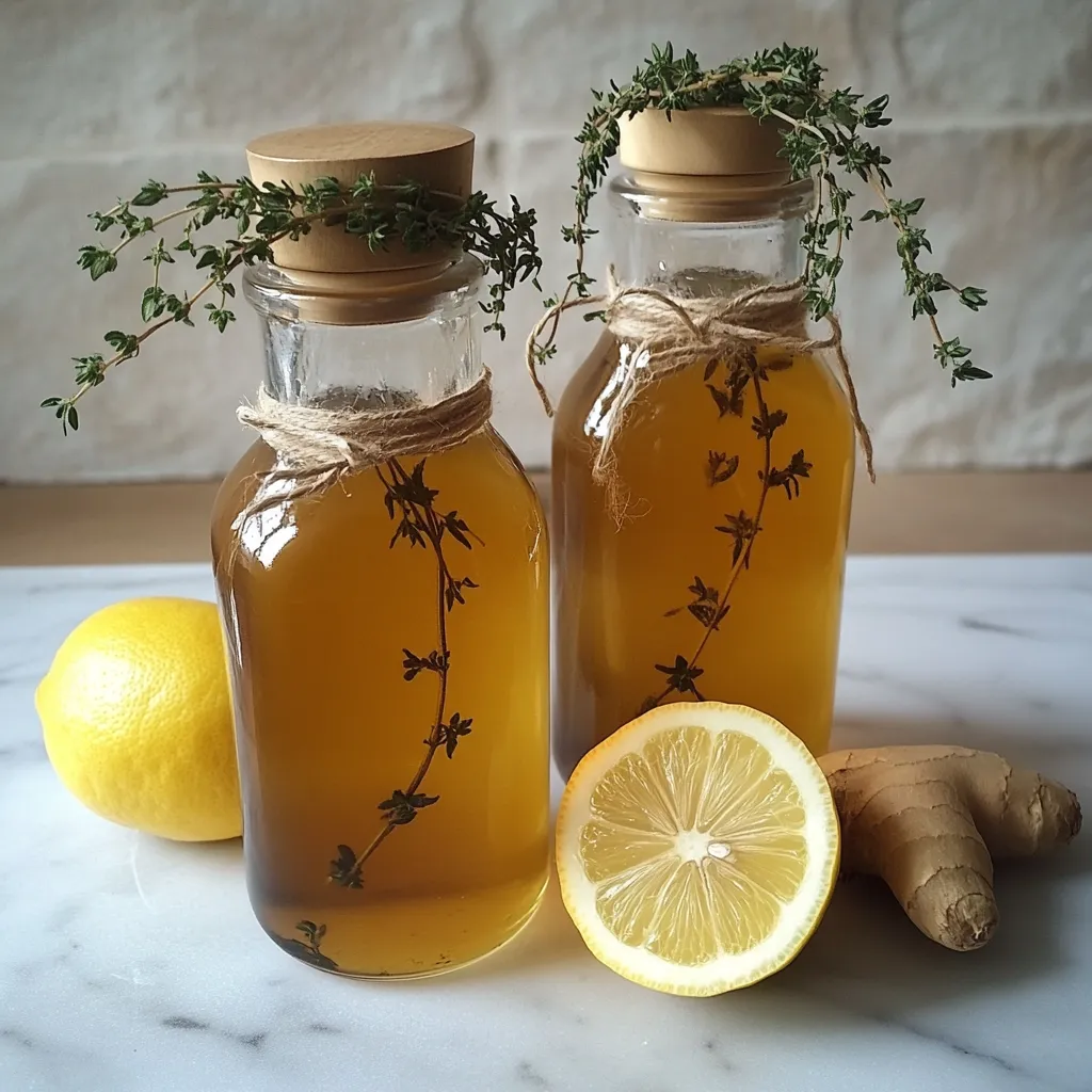 Sirop de thym maison dans une bouteille en verre, accompagné de branches de thym frais et d’un citron
