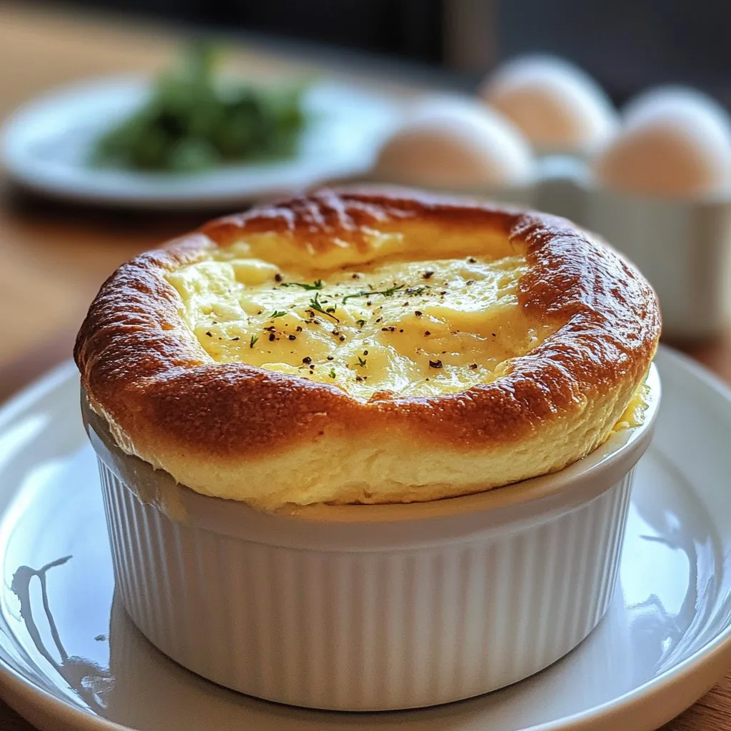 Soufflé au fromage aéré doré et gonflé, prêt à être dégusté.