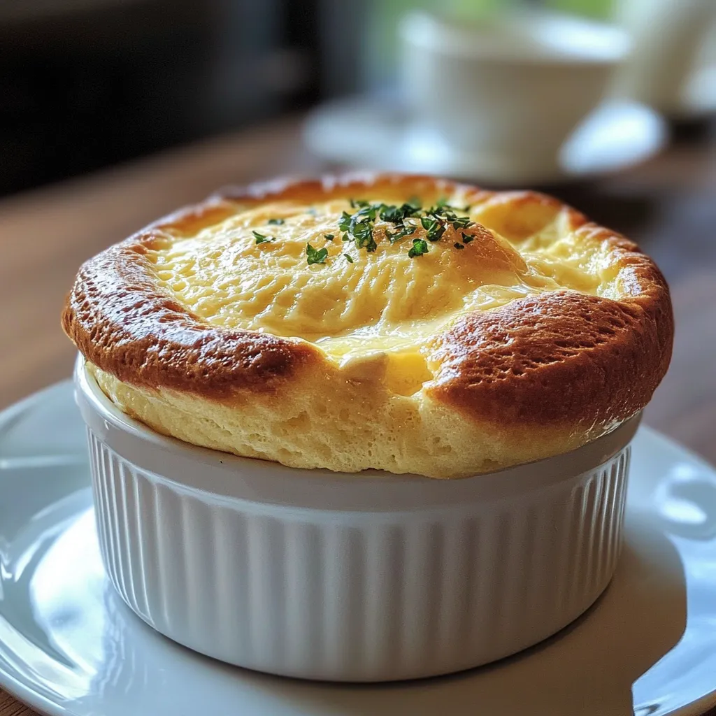 Soufflé au fromage aéré doré et gonflé, prêt à être dégusté.