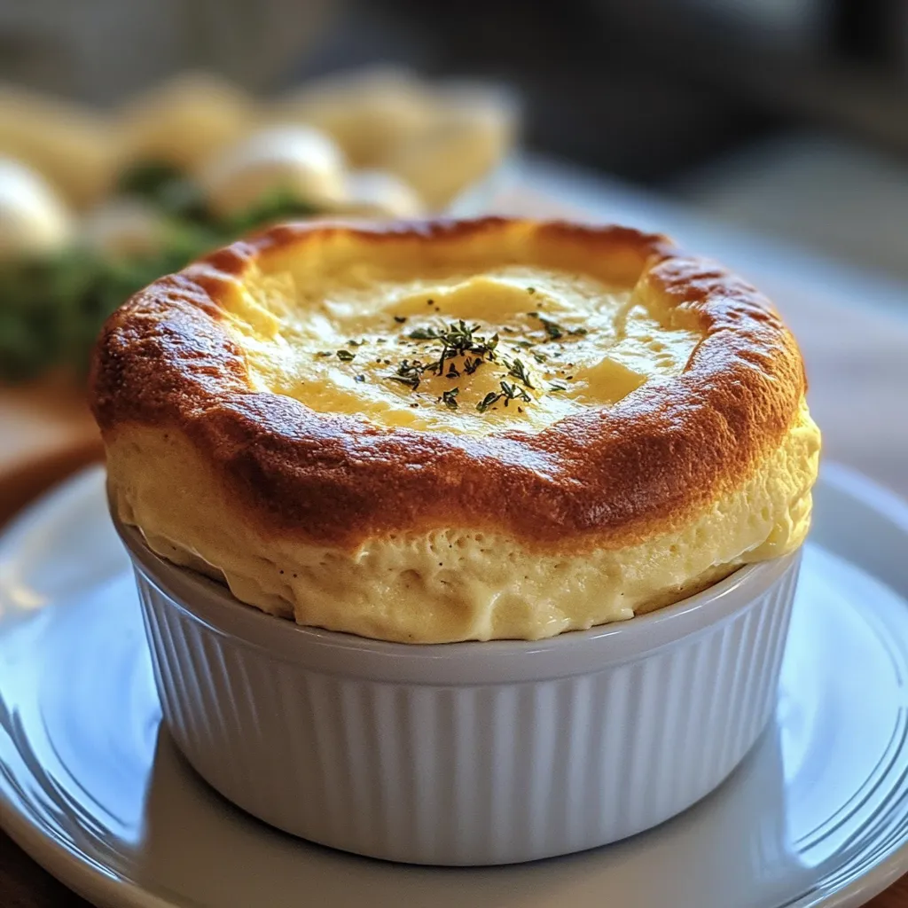 Soufflé au fromage aéré doré et gonflé, prêt à être dégusté.